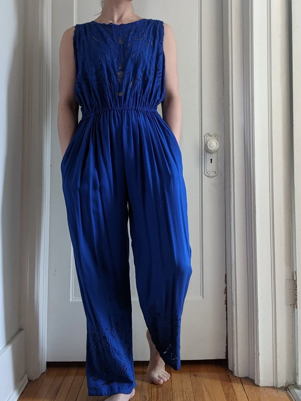 Vintage Royal Blue Lace-Trim Jumpsuit - Picture 2 of 10